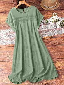 SHEIN LUNE Women Plus Size Solid Color Lace Hollow Out Sleeveless Dress - Olive Green - View 4