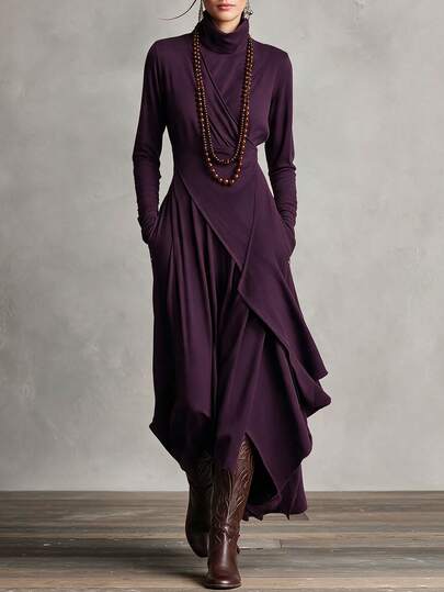 Balvessa Women's Elegant Minimalist Pleated Long Sleeve Dress For Vacation And Evening Party