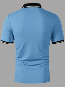 Manfinity Homme Camisa polo de manga corta con media tapeta de botones y bloques de color a rayas para hombre - Azul - Ver 2
