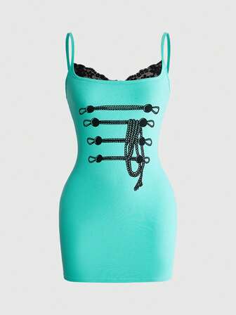 Y2K Hot Girl Spitzen-Patchwork 2-in-1-Design Minikleid in Mintgrün mit Napoleon-Seilprint, figurbetont, mit Spaghettiträgern