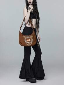 ROMWE Fairycore Flower Type: 1663157 High Quality Embroidery Thread Moth Plant Rabbit Embroidery Mushroom Anti-Splashing Shoulder Underarm Oblique Span Back Computer Male And Female Students Large Capacity Commuter Travel Adjustable Dumpling Bag Brown - Brown - View 4