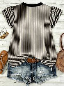 EMERY ROSE Women's Casual Striped V-Neck Top, White And Brown Color-Blocked Bohemian Vacation Shirt For Summer - Multicolor - View 2