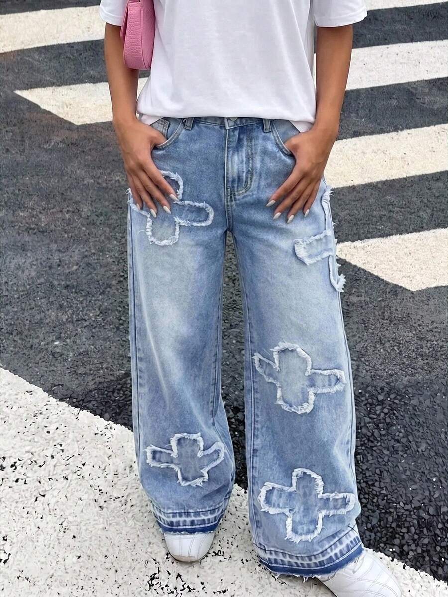 SHEIN Tween Girl Y2K Frayed Hem Decor Washed Distressed Floral Pattern Baggy Straight Leg Jeans, Fall Back To School Streetwear - Blue - View 1