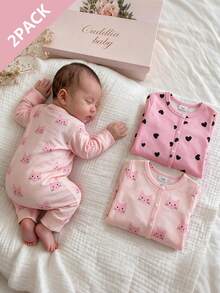SHEIN Playful Pals 2件組新生女嬰秋冬款粉黑愛心卡通貓長袖連身衣套裝，親子套裝 - 彩色 - 查看 1