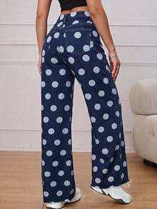 SHEIN ICON 女款波點不對稱腰線直筒休閒牛仔褲 - 藍色 - 查看 2