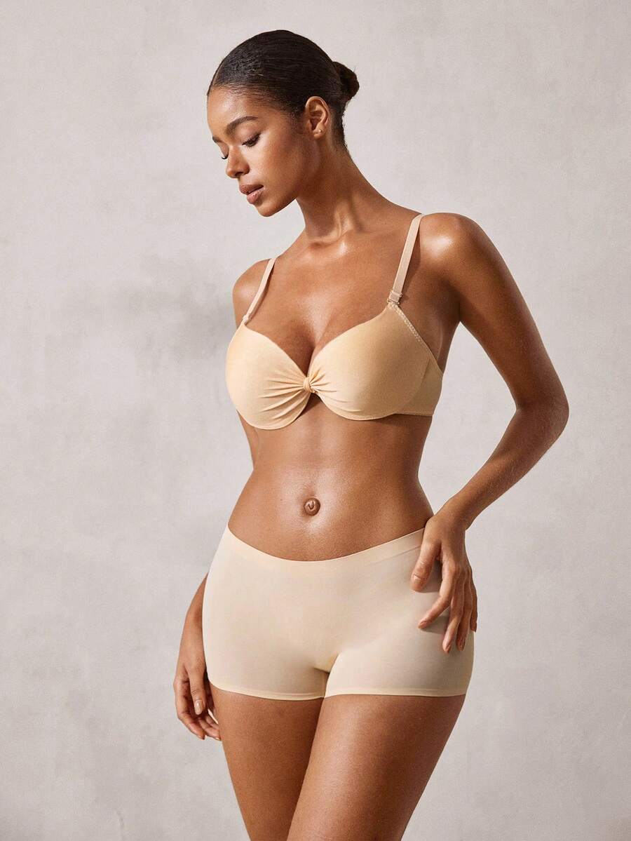 Veilyse Women's Push-Up Bra Set - Front Knot Seamless Padded T-Shirt Bra Suitable For Small Bust - Apricot - View 1