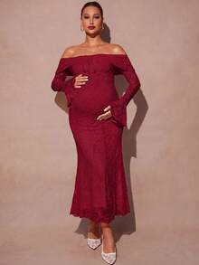 MaterniChic Elegant Maternity Off Shoulder Jacquard Party Dress Fall - Red - View 4