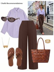 SHEIN Clasi Plus Size Women's Solid Color Toothpick Stripe Design Straight Leg Loose Fit Suit Pants - Brown - View 8