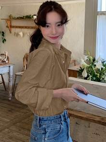 DAZY Casual Versatile Spring/Summer Embroidered Pattern Loose Long Sleeve Collared Women's Shirt Fall - Khaki - View 5