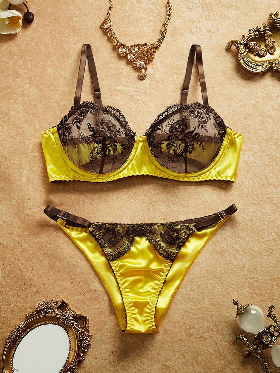 PinupPomp Women's Sexy Lace Patchwork Bra And Panty Lingerie Set - Yellow - View 1