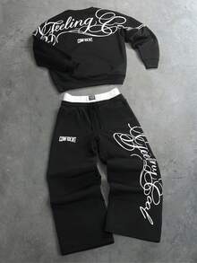 PAVTROS Men's Letter Print Sweatshirt & Sweatpants Set - Black - View 1