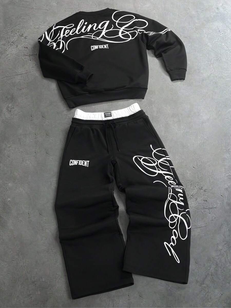 PAVTROS Men's Letter Print Sweatshirt & Sweatpants Set - Black - View 1