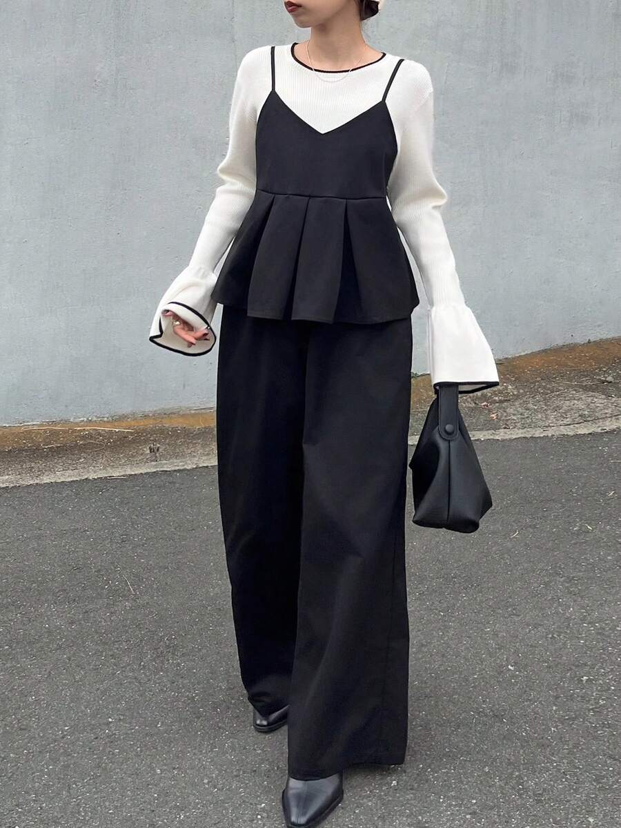 FRIFUL Women's Early Autumn New Korean Style Layered Camisole Top & Straight Leg Pants Suit Set - Black - View 1
