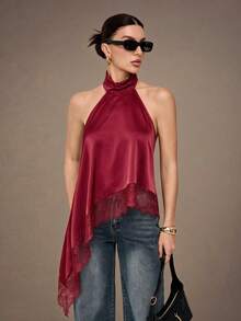 SHEIN Tall Elegant Lace Trim Backless Camisole Top, Sexy Satin Patchwork Sleeveless Blouse For Party, Cocktail, Formal Occasions, Christmas, Business Casual - Burgundy - View 8
