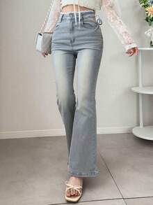 DAZY Women's Sweet Mesh Patchwork Bowknot Lace-Up Button Flared Jeans Fall - Blue - View 5