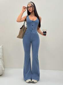 Flexra Women's Sexy Street Style Button Waist Denim Jumpsuit With Flared Legs - Blue - View 11