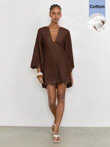 Maija Women's Casual Boho Hollow Embroidery Notched Collar Short Dress Vacation Brown Autumn - Brown - View 8