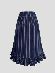 SHEIN PETITE Rok Denim Kasual Wanita Gaya Y2K 70-an Warna Biru Tua dan Putih dengan Tali Pengikat di Bagian Bawah dan Rumbai, Cocok untuk Acara Santai, Liburan, dan Musim Gugur. - Dark Wash - View 2