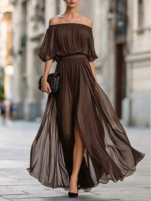 SHEIN Women's Solid Color Off Shoulder Pleated Casual Party Dress - Coffee - View 1