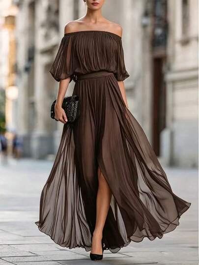 SHEIN Women's Solid Color Off Shoulder Pleated Casual Party Dress