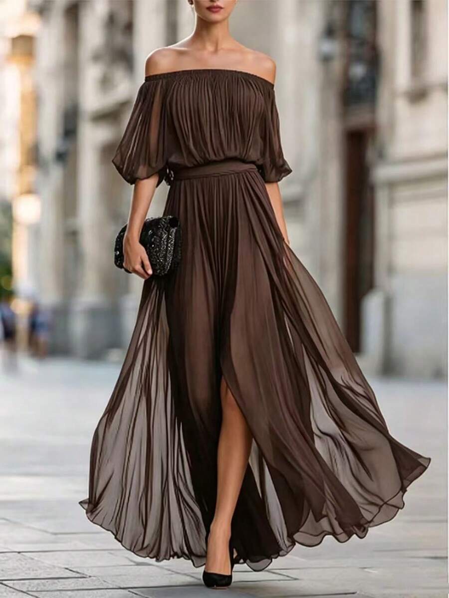 SHEIN Women's Solid Color Off Shoulder Pleated Casual Party Dress - Coffee - View 1
