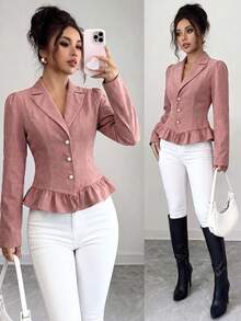 SHEIN Elenzya Women's Faux Pearl Decorated Ruffle Hem Long Sleeve Blazer - Pink - View 1