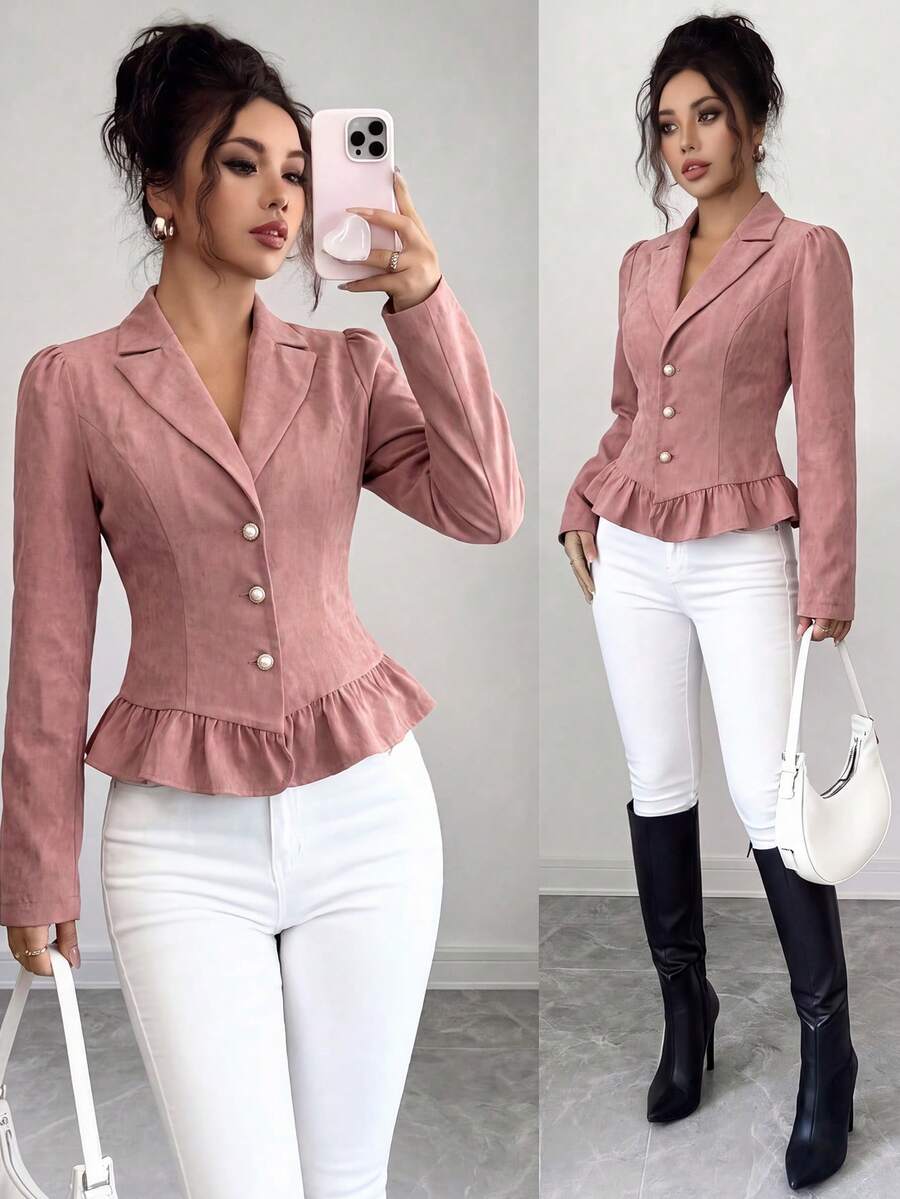 SHEIN Elenzya Women's Faux Pearl Decorated Ruffle Hem Long Sleeve Blazer - Pink - View 1