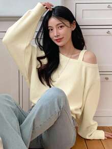 Dazy Kids Teen Girl Autumn Casual Solid Color Asymmetric Collar T-Shirt - Apricot - View 6