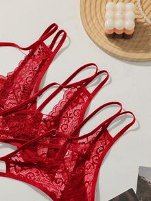 SHEIN 3pcs Lace Patchwork Thong Set - Red - View 6