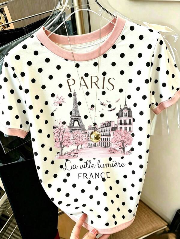 Breezaya Women's Polka Dot And Paris Print Crew Neck Short Sleeve, For Summer Wear