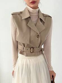 DAZY Lapel Neck Belted Vest Jacket - Khaki - View 8