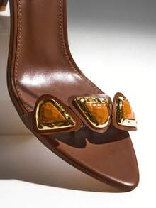 SHUZIA Sandal Hak Stiletto Bertali Pergelangan Kaki dengan Dekorasi Pita Elegan untuk Wanita - Chocolate Brown - View 5