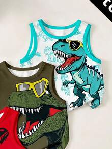 Young Boys Casual Simple Comfortable Tank Top 3pcs Set Suitable For Spring And Summer, Classic Handsome Jurassic Dinosaur Pattern Print, Dinosaur Fossil Pattern Print - Multicolor - View 4