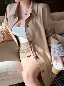 Vibekara Trench Coat Khaki Serbaguna Model Baru Musim Gugur/Dingin dengan Patchwork Kain Renda Lengan Panjang Sedang Ukuran Plus Jaket Trench Coat Musim Gugur - Khaki - View 5