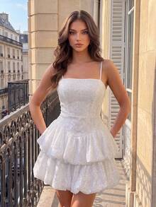 Poshira White Sequin Mesh Ruffle Strap Evening Dress - White - View 4