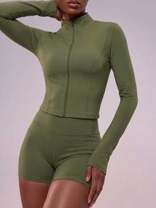 Zivah Women's Minimalist Modest Sporty Zipper Long Sleeve Top And Shorts Sports Set Gym Olive Green Autumn Workout Gym - Green - View 5