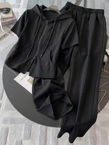 Resyla Women's 2 Pieces Black Casual Short Sleeve Sweatshirt And Long Pants Set, Suitable For Daily Wear And Home - Black - View 1