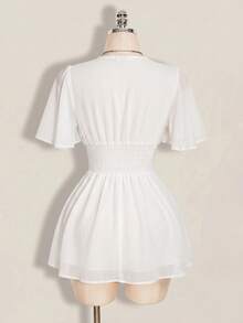 SHEIN ICON 女款夏季黑色極簡純色V領荷葉袖收腰迷你洋裝 - 白色 - 查看 6
