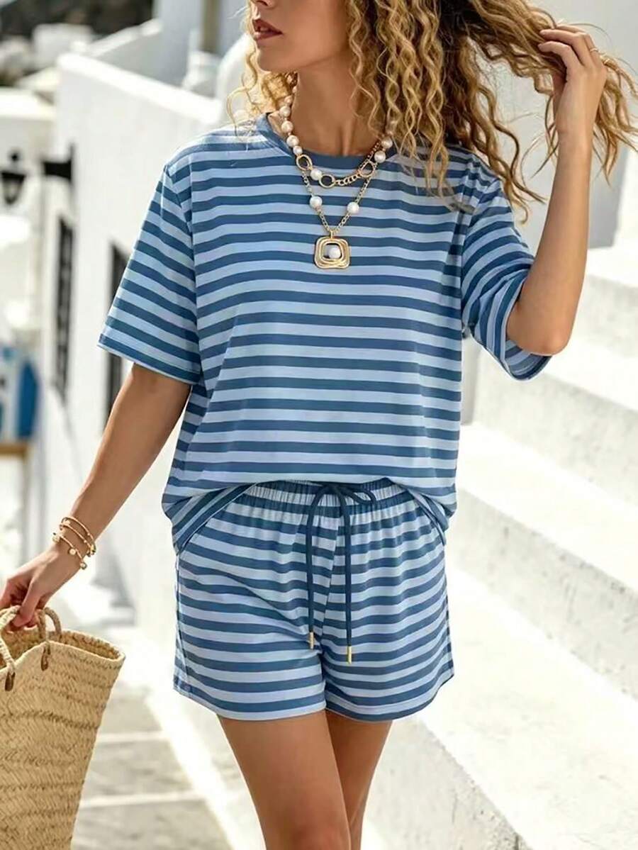 INAWLY Women's Blue Striped Two Pieces Set, Casual Loose Short-Sleeve T-Shirt And Drawstring Shorts - Blue - View 1
