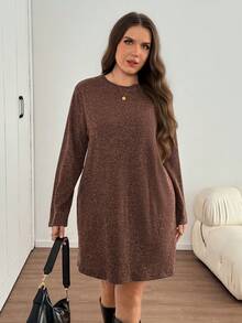 SHEIN LUNE Plus Size Casual Long Sleeve Dress, Autumn Fall - Brown - View 6