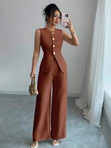 SHEIN Raffinéa 女款法式優雅度假休閒通勤金屬花朵鈕扣套裝 - 棕色 - 查看 4
