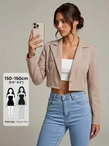 SHEIN PETITE Lapel Neck Crop Blazer In Fall/Winter - Khaki - View 7