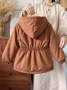 SHEIN Elladie kids 1件女童冬季粉色花卉保暖內裡拉鍊連帽外套，彈性腰頭，加厚保暖休閒西式通勤百搭簡約時尚夾克 - 棕色 - 查看 2