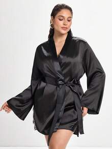Slumbrini Plus Size Women's Eyelash Lace Patchwork Satin Robe & Nightgown 3-Piece Set - Black - View 9