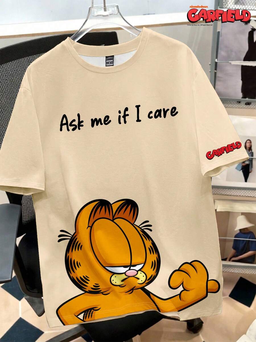 GARFIELD | SHEIN Daypath 男士標語印花圓領短袖休閒T恤 - 卡其色 - 查看 1