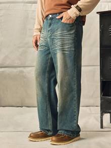 Norleigh Men's Vintage Washed Wide Leg Loose Straight Jeans, American Retro Streetwear Y2K Style Denim Pants, Suitable Gift For Boyfriend, Husband Fall - Dark Wash - View 2