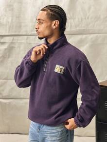 Norleigh Men Quarter Zipper Front Patched Flannelette Loose Sweatshirt, For Fall Winter, Long Sleeve Top - Violet Purple - View 6