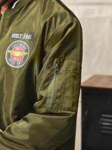 男士長袖秋季字母印花拉鍊休閒飛行夾克 橄欖綠工作夾克 - 軍綠色 - 查看 11
