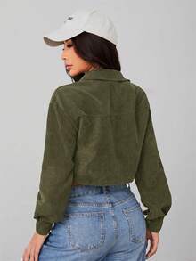 SHEIN PETITE 春秋款落肩翻蓋設計短版燈芯絨黑色夾克，適合秋冬穿搭 - 軍綠色 - 查看 2