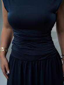 SARA VAULT Light Yellow 2 Pieces Set: Stand Collar Top & Fitted Skirt Elegant Summer - Navy Blue - View 2